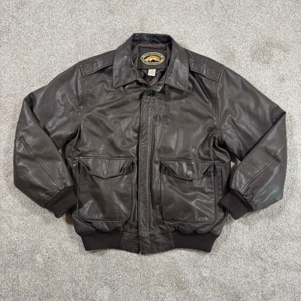 Orvis Fly Fishing Schools Mens Brown Leather Bomber Flight Jacket Size M A-2
